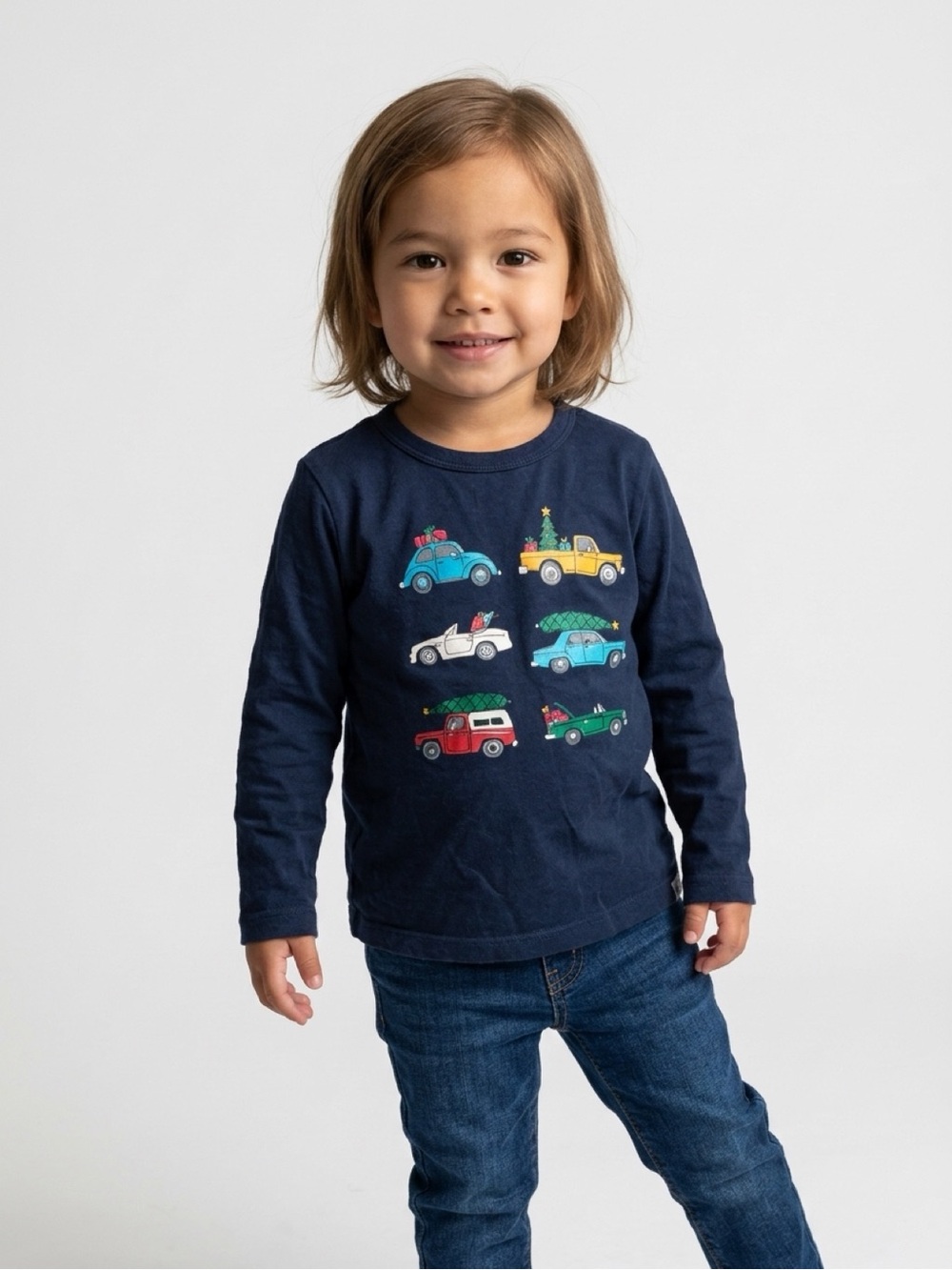GAP Navy Crewneck Sweater with Colorful Holiday Trucks